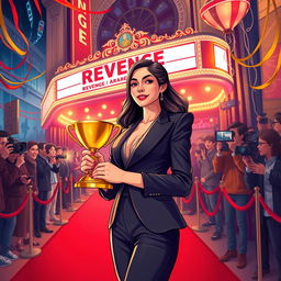 A dynamic and inspiring illustration of a young female director at a glamorous movie premiere, shrouded in a vibrant atmosphere of creative energy