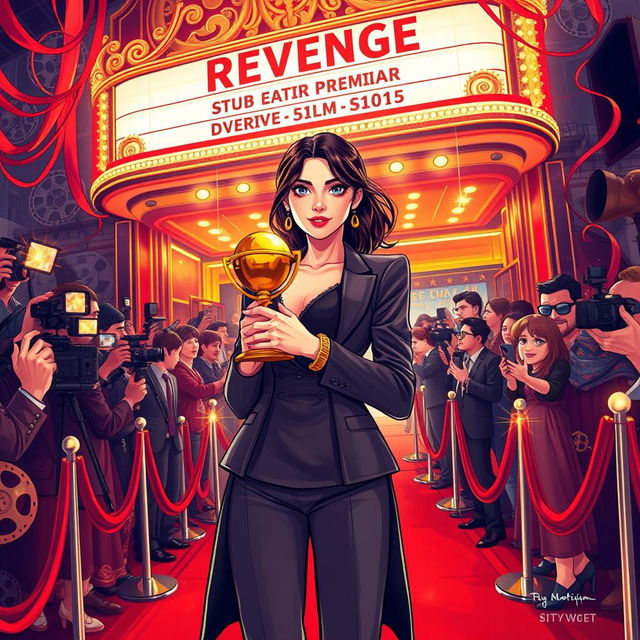 A dynamic and inspiring illustration of a young female director at a glamorous movie premiere, shrouded in a vibrant atmosphere of creative energy