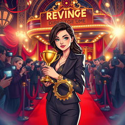 A dynamic and inspiring illustration of a young female director at a glamorous movie premiere, shrouded in a vibrant atmosphere of creative energy