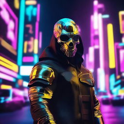 Generate an image of a soldier in a futuristic Cyberpunk world, his face covered by a sinister gold skull mask