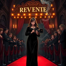 A striking illustration of a fierce young female director at the premiere of her revenge-themed film, infused with dark academia aesthetics reminiscent of a magical world like Harry Potter