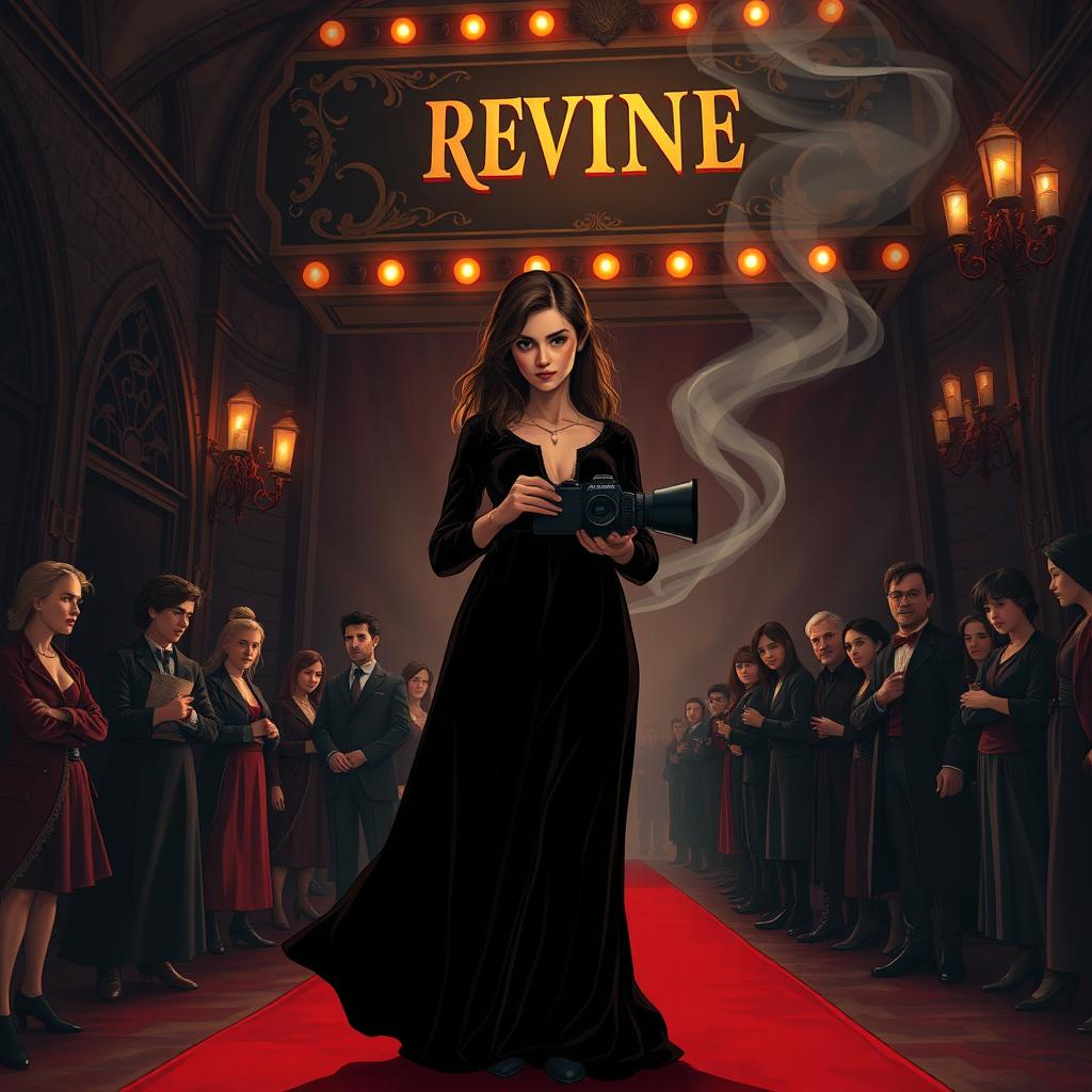 A striking illustration of a fierce young female director at the premiere of her revenge-themed film, infused with dark academia aesthetics reminiscent of a magical world like Harry Potter