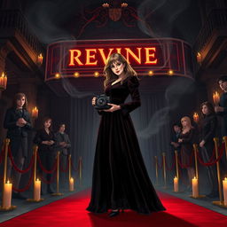 A striking illustration of a fierce young female director at the premiere of her revenge-themed film, infused with dark academia aesthetics reminiscent of a magical world like Harry Potter