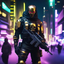 Generate a full-body image of a soldier garbed in futuristic Cyberpunk gear, his face veiled by a golden skull mask