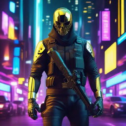 Generate a full-body image of a soldier garbed in futuristic Cyberpunk gear, his face veiled by a golden skull mask