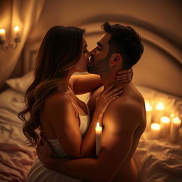 A sensual and romantic scene featuring a couple in a beautifully decorated bedroom, surrounded by soft candlelight