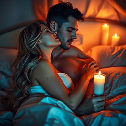 A sensual and romantic scene featuring a couple in a beautifully decorated bedroom, surrounded by soft candlelight