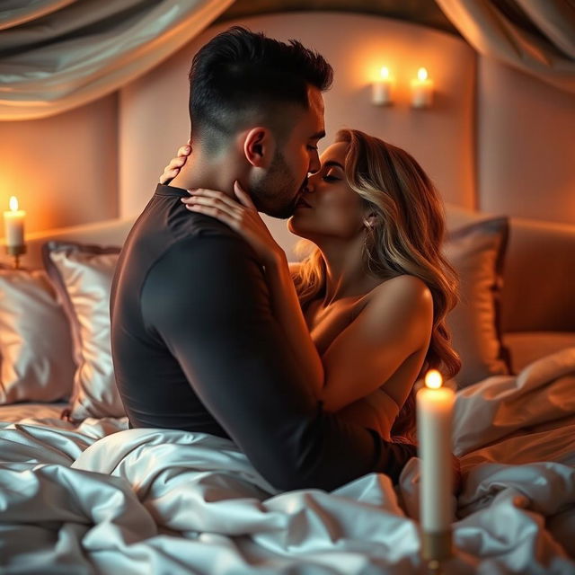 A sensual and romantic scene featuring a couple in a beautifully decorated bedroom, surrounded by soft candlelight