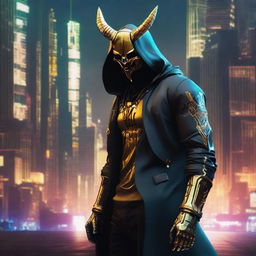 Generate a full-body image of a hooded Cyberpunk soldier, his face shrouded by a gold skull mask adorned with intimidating horns