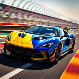 A photo-realistic image featuring a creative blend of a Lamborghini Aventador and a Dodge Viper, showcasing the sleek lines and aggressive stance of the Aventador intertwined with the muscular curves and distinct front grill of the Viper