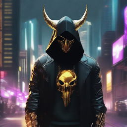 Generate a full-body image of a hooded Cyberpunk soldier, his face shrouded by a gold skull mask adorned with intimidating horns