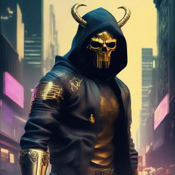 Generate a full-body image of a hooded Cyberpunk soldier, his face shrouded by a gold skull mask adorned with intimidating horns