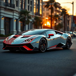 A stunning photo-realistic image of a hybrid car that combines the sleek, modern design elements of a 2023 Lamborghini Aventador with the classic vintage features of a 1957 Chevrolet Bel Air