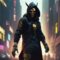 Generate a full-body image of a hooded Cyberpunk soldier, his face shrouded by a gold skull mask adorned with intimidating horns