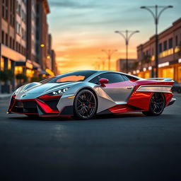 A stunning photo-realistic image of a hybrid car that combines the sleek, modern design elements of a 2023 Lamborghini Aventador with the classic vintage features of a 1957 Chevrolet Bel Air