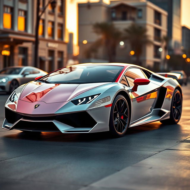 A stunning photo-realistic image of a hybrid car that combines the sleek, modern design elements of a 2023 Lamborghini Aventador with the classic vintage features of a 1957 Chevrolet Bel Air