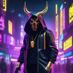 Generate a full-body image of a mysterious figure in cyberpunk attire, his face concealed by a golden skull mask decorated with menacing horns