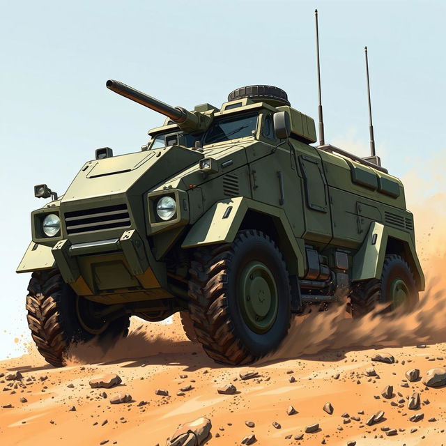 A highly detailed illustration of a tactical military vehicle showcasing its powerful and aggressive design