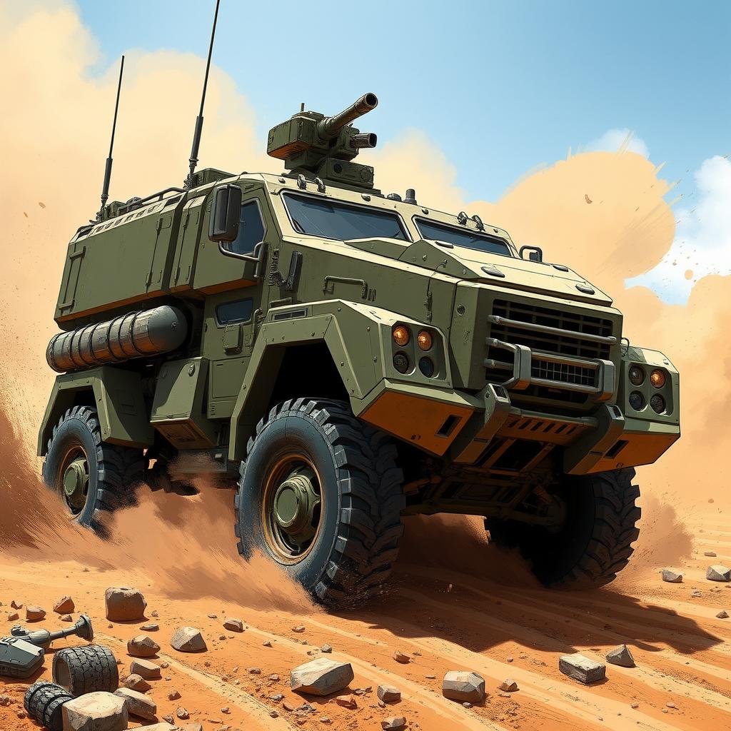 A highly detailed illustration of a tactical military vehicle showcasing its powerful and aggressive design