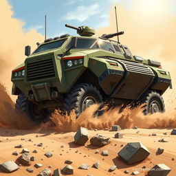 A highly detailed illustration of a tactical military vehicle showcasing its powerful and aggressive design