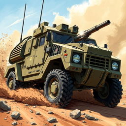 A highly detailed illustration of a tactical military vehicle showcasing its powerful and aggressive design