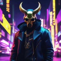 Generate a full-body image of a mysterious figure in cyberpunk attire, his face concealed by a golden skull mask decorated with menacing horns