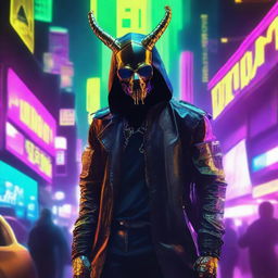 Generate a full-body image of a mysterious figure in cyberpunk attire, his face concealed by a golden skull mask decorated with menacing horns