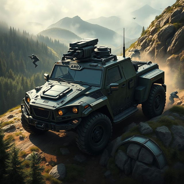 An intricately detailed depiction of a tactical military vehicle designed for special operations, showcasing its versatility and agility across all terrains