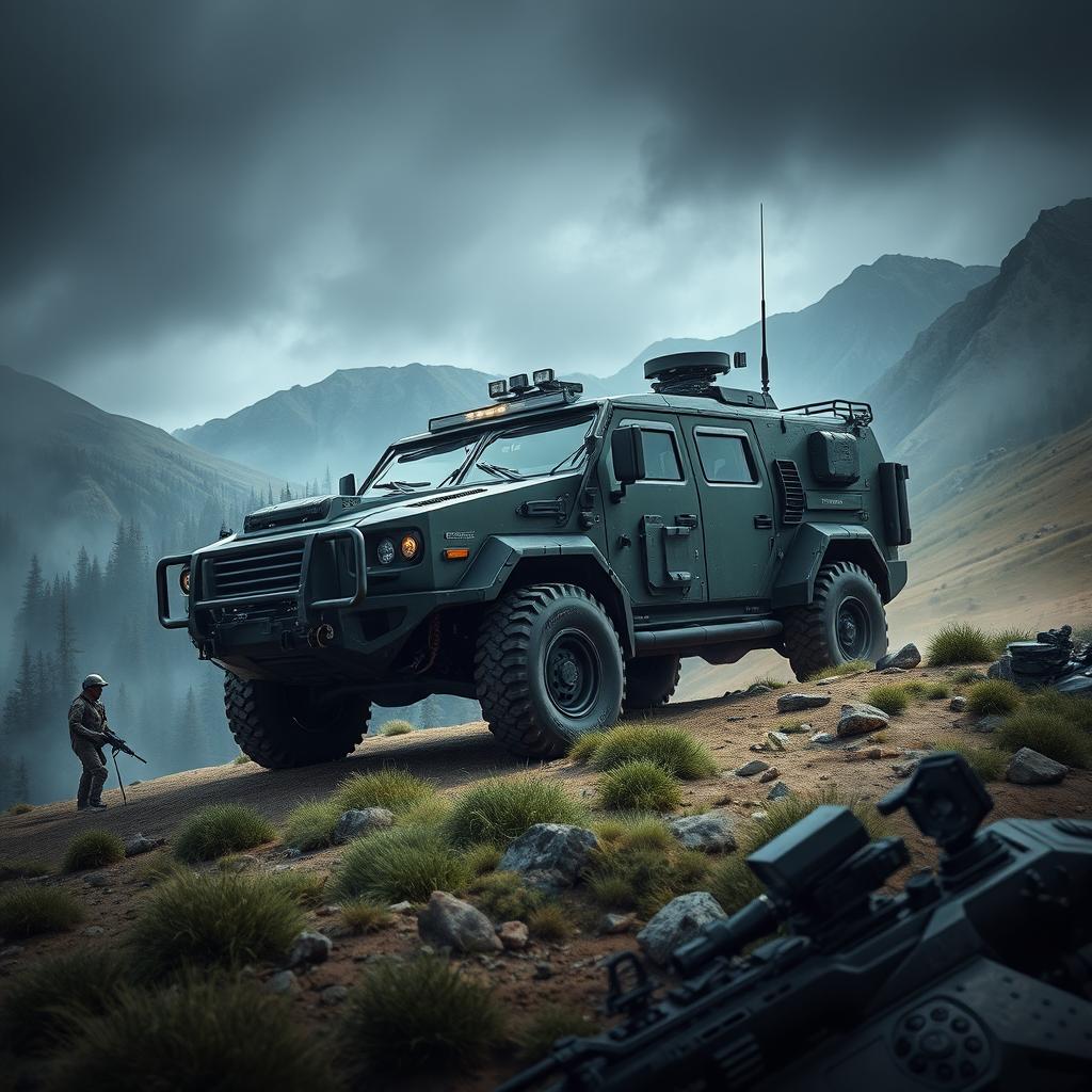 An intricately detailed depiction of a tactical military vehicle designed for special operations, showcasing its versatility and agility across all terrains