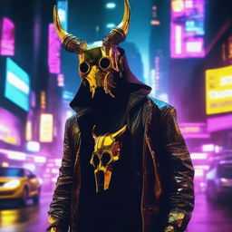 Generate a full-body image of a mysterious figure in cyberpunk attire, his face concealed by a golden skull mask decorated with menacing horns