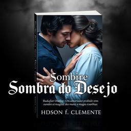 A stunning book cover for 'Sombra do Desejo' featuring the characters Hudson and Gabriel in an intimate embrace