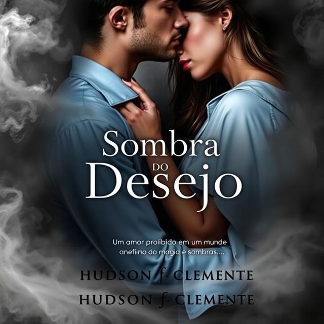 A stunning book cover for 'Sombra do Desejo' featuring the characters Hudson and Gabriel in an intimate embrace