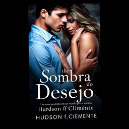 A stunning book cover for 'Sombra do Desejo' featuring the characters Hudson and Gabriel in an intimate embrace