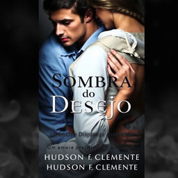 A stunning book cover for 'Sombra do Desejo' featuring the characters Hudson and Gabriel in an intimate embrace