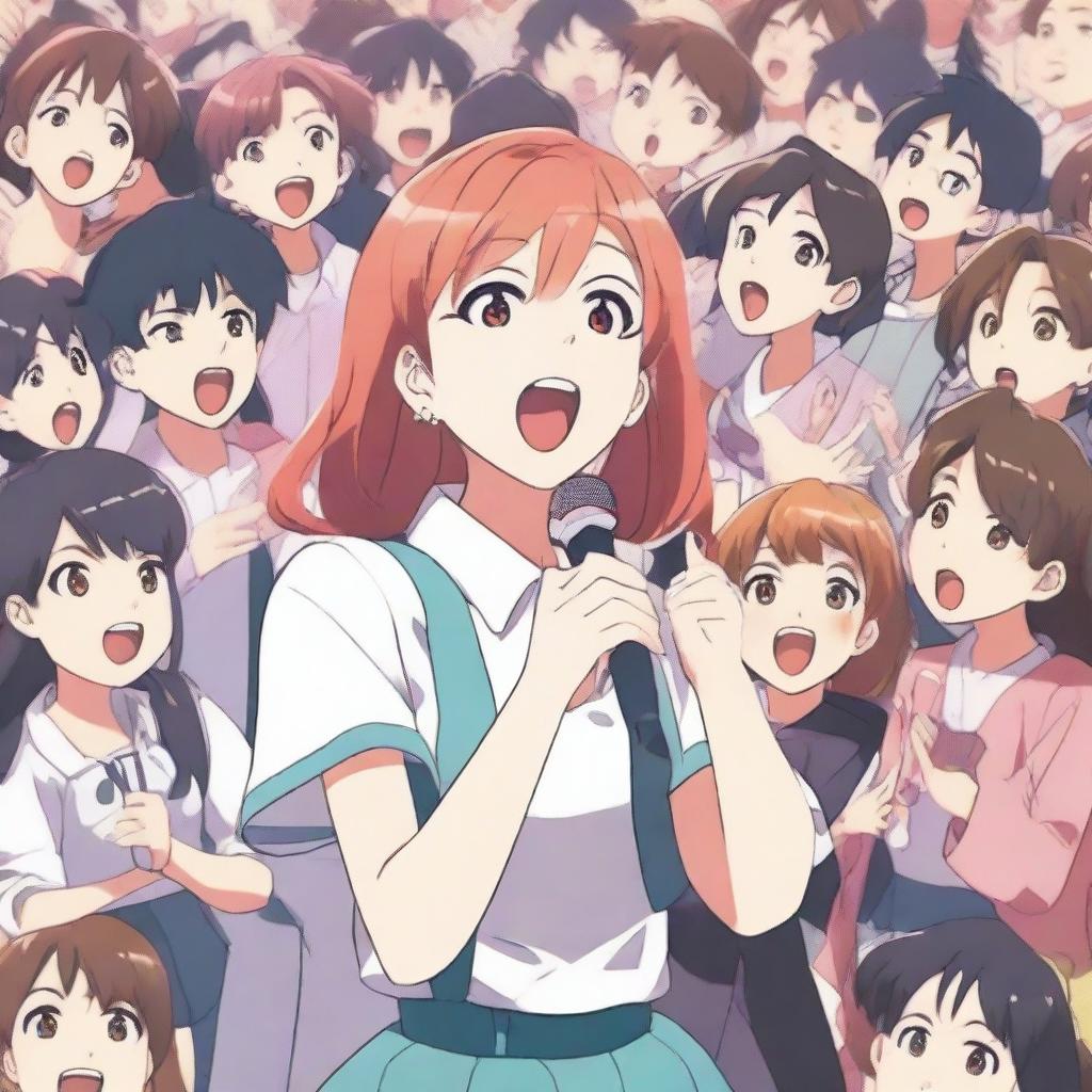 Generate an image of animated characters, in typical anime style, passionately singing