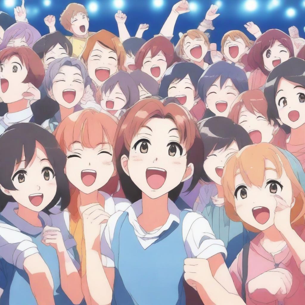 Generate an image of animated characters, in typical anime style, passionately singing