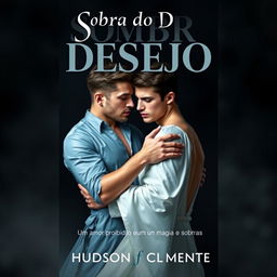 A book cover design for 'Sombra do Desejo' featuring two men, Hudson and Gabriel, embracing each other in a tender yet passionate pose