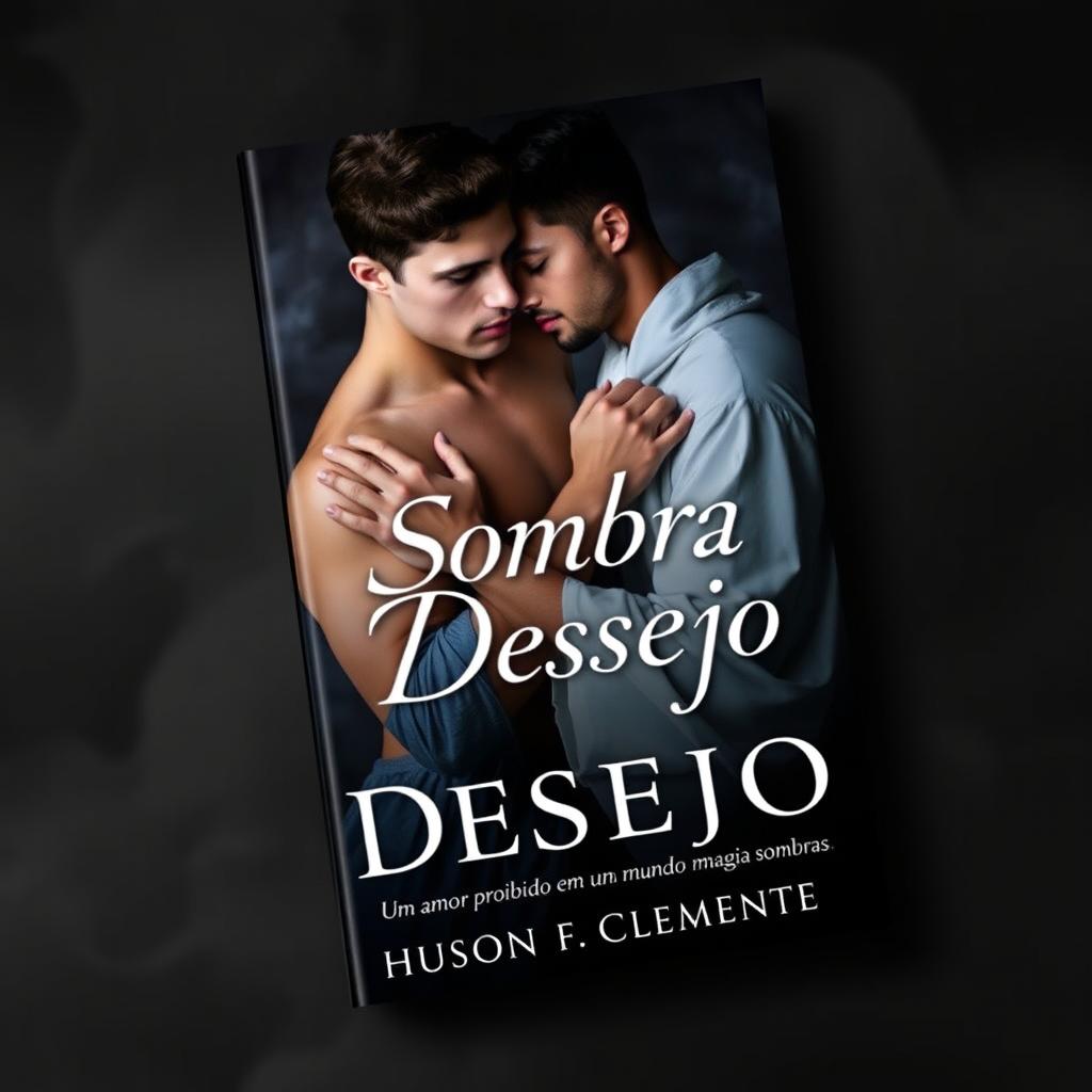 A book cover design for 'Sombra do Desejo' featuring two men, Hudson and Gabriel, embracing each other in a tender yet passionate pose