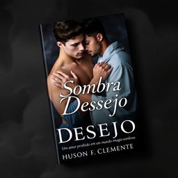 A book cover design for 'Sombra do Desejo' featuring two men, Hudson and Gabriel, embracing each other in a tender yet passionate pose