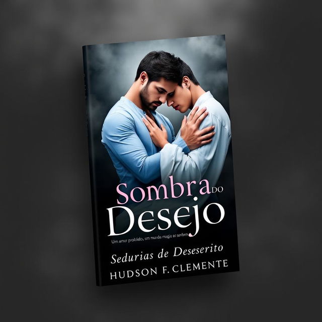 A book cover design for 'Sombra do Desejo' featuring two men, Hudson and Gabriel, embracing each other in a tender yet passionate pose