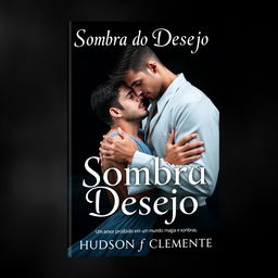 A book cover design for 'Sombra do Desejo' featuring two men, Hudson and Gabriel, embracing each other in a tender yet passionate pose