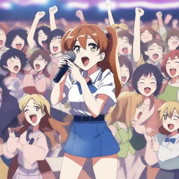 Generate an image of animated characters, in typical anime style, passionately singing