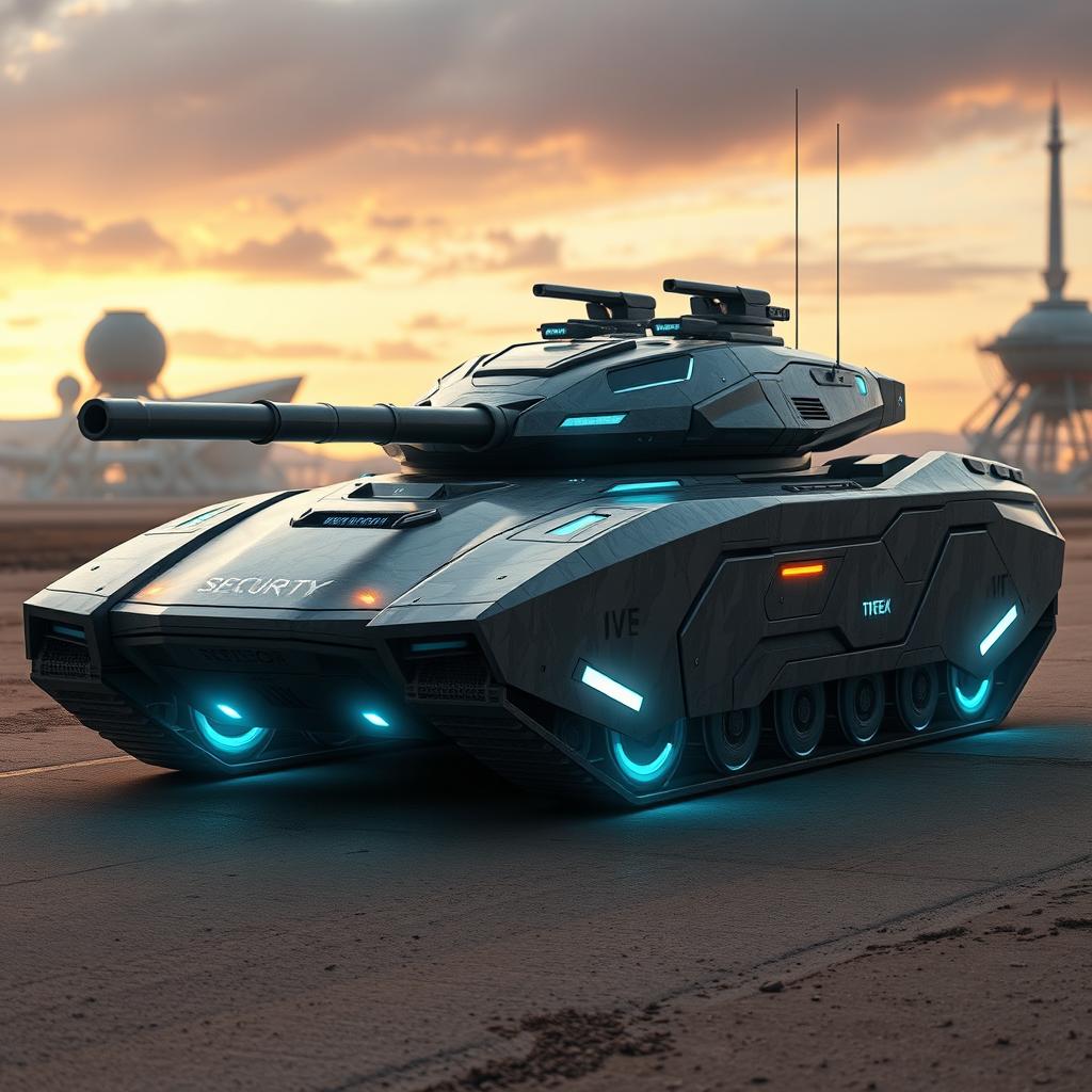 A futuristic tank design featuring advanced security systems, showcasing a sleek and innovative aesthetic