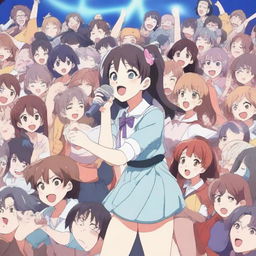 Generate an image of animated characters, in typical anime style, passionately singing