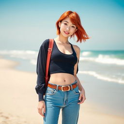 A stylish red-haired Korean girl wearing a one-piece swimsuit layered under a pair of high-waisted jeans, the waistband cinched with a fashionable belt resting on her hips