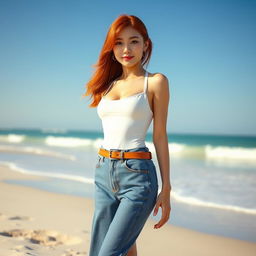 A stylish red-haired Korean girl wearing a one-piece swimsuit layered under a pair of high-waisted jeans, the waistband cinched with a fashionable belt resting on her hips