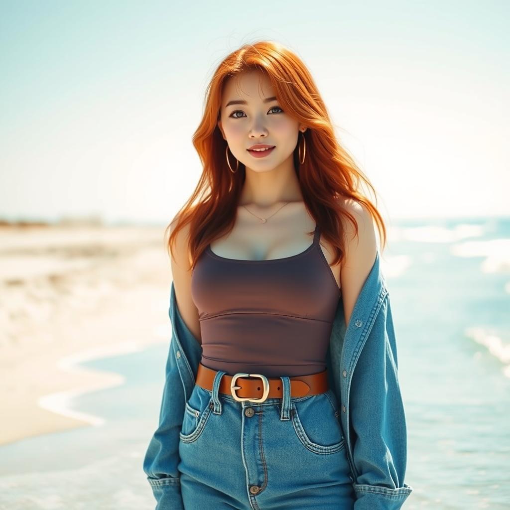 A stylish red-haired Korean girl wearing a one-piece swimsuit layered under a pair of high-waisted jeans, the waistband cinched with a fashionable belt resting on her hips