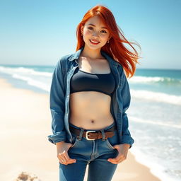 A stylish red-haired Korean girl wearing a one-piece swimsuit layered under a pair of high-waisted jeans, the waistband cinched with a fashionable belt resting on her hips