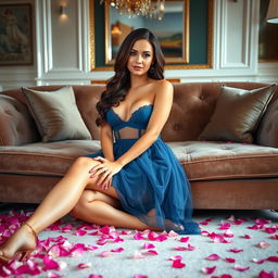 A sexy woman sitting elegantly on a plush sofa in a stylish living room, wearing a stunning short blue dress that showcases her figure