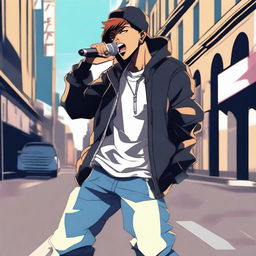 Generate an image of a dynamic male anime character in a hip hop style, passionately singing into a mic